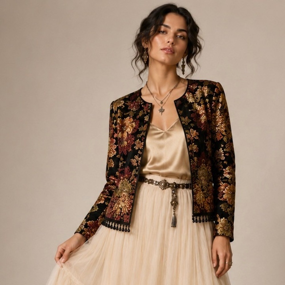 MSK Tapestry Dark Floral Beaded Fringe Top Jacket S Moody Whimsigoth
